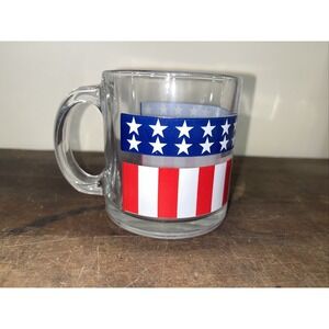 American Flag Stars & Bars Clear Glass Coffee Cup Mug Made in the USA   EUC